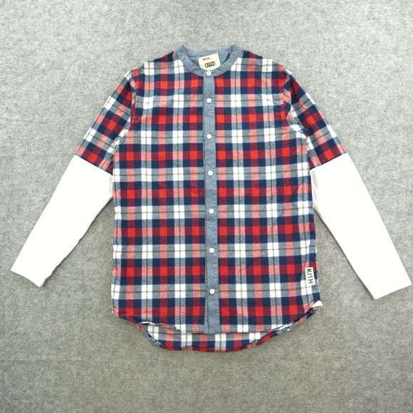 Kith Other - Kith Shirt Mens Large Red Button Flannel Plaid Band Neck Long Sleeve Streetwear
